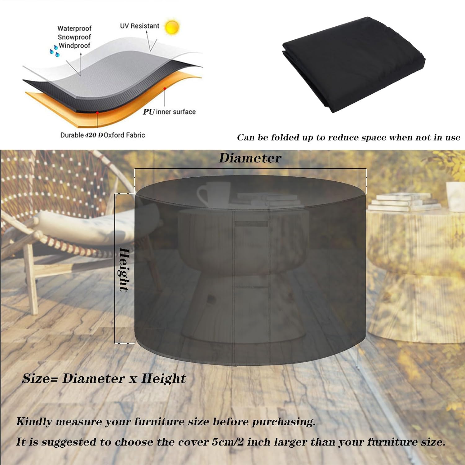 Waterproof Patio Furniture Cover 74"D x 33"H, 420D Oxford Cloth Outdoor Table and Chair Covers, Garden Table Cover Round, Dust Covers for Furniture with Air Vent and Handles
