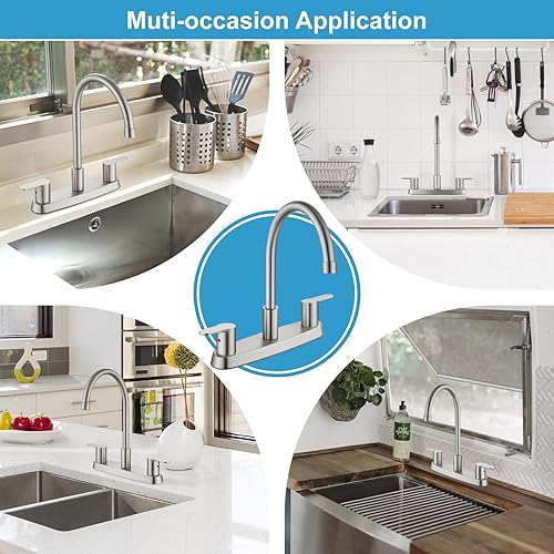 Miniatura 3 de Grifo de cocina, juego central de 8 pulgadas para fregadero, 3 agujeros, doble mango, grifo de fregadero de cocina de arco alto, boquilla giratoria