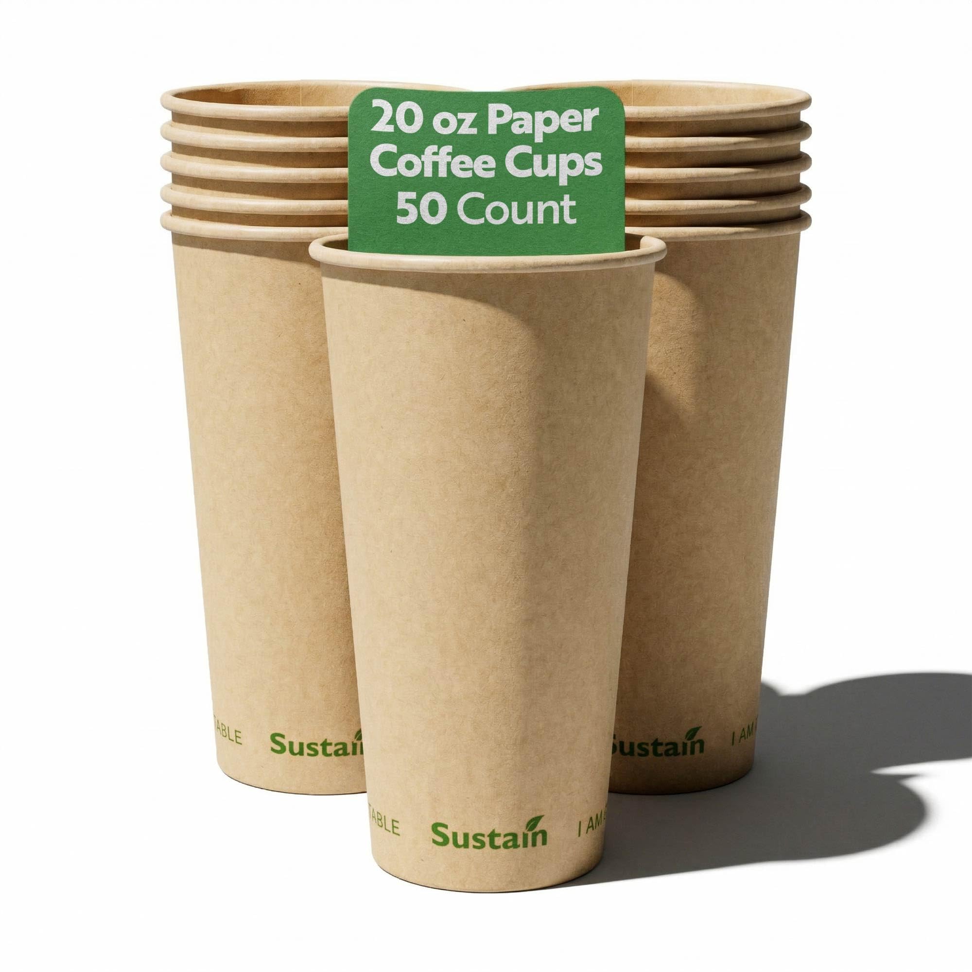 Restaurantware-Sustain 20 Ounce BPI-Certified Hot Cups, 50 Single Wall Coffee Cups - Lids Sold Separately, Leakproof PLA Coating, Compostable Kraft Paper Cups, For Hot Or Cold Drinks