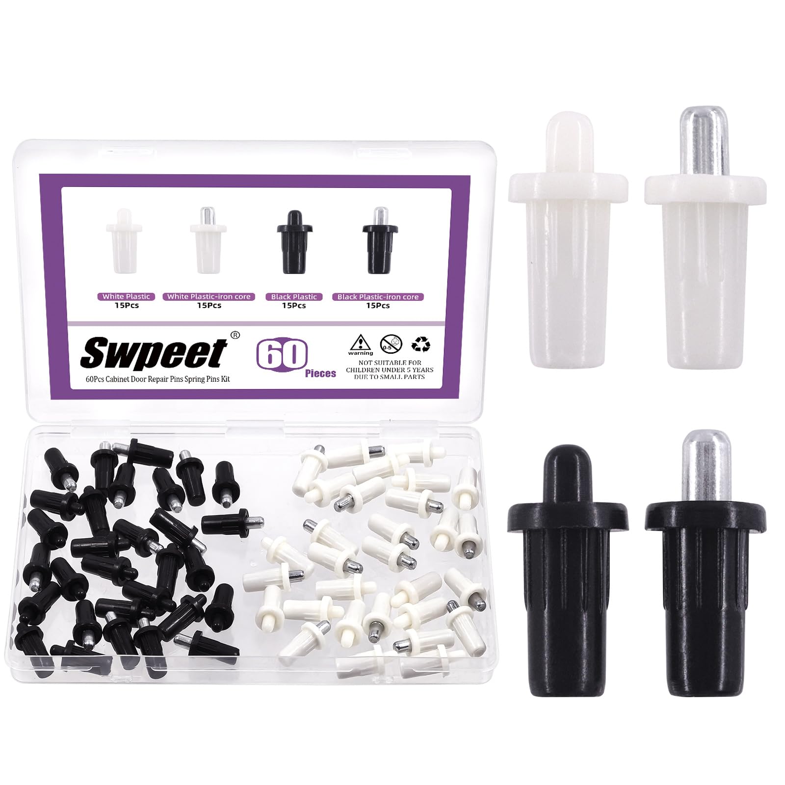 Swpeet 60Pcs 4 Sizes Cabinet Door Repair Pin Assortment Kit, Spring Loaded Shutter Repair Pins Replacement Repair Pins Furniture Fittings Door for Room and Window Cabinet Door