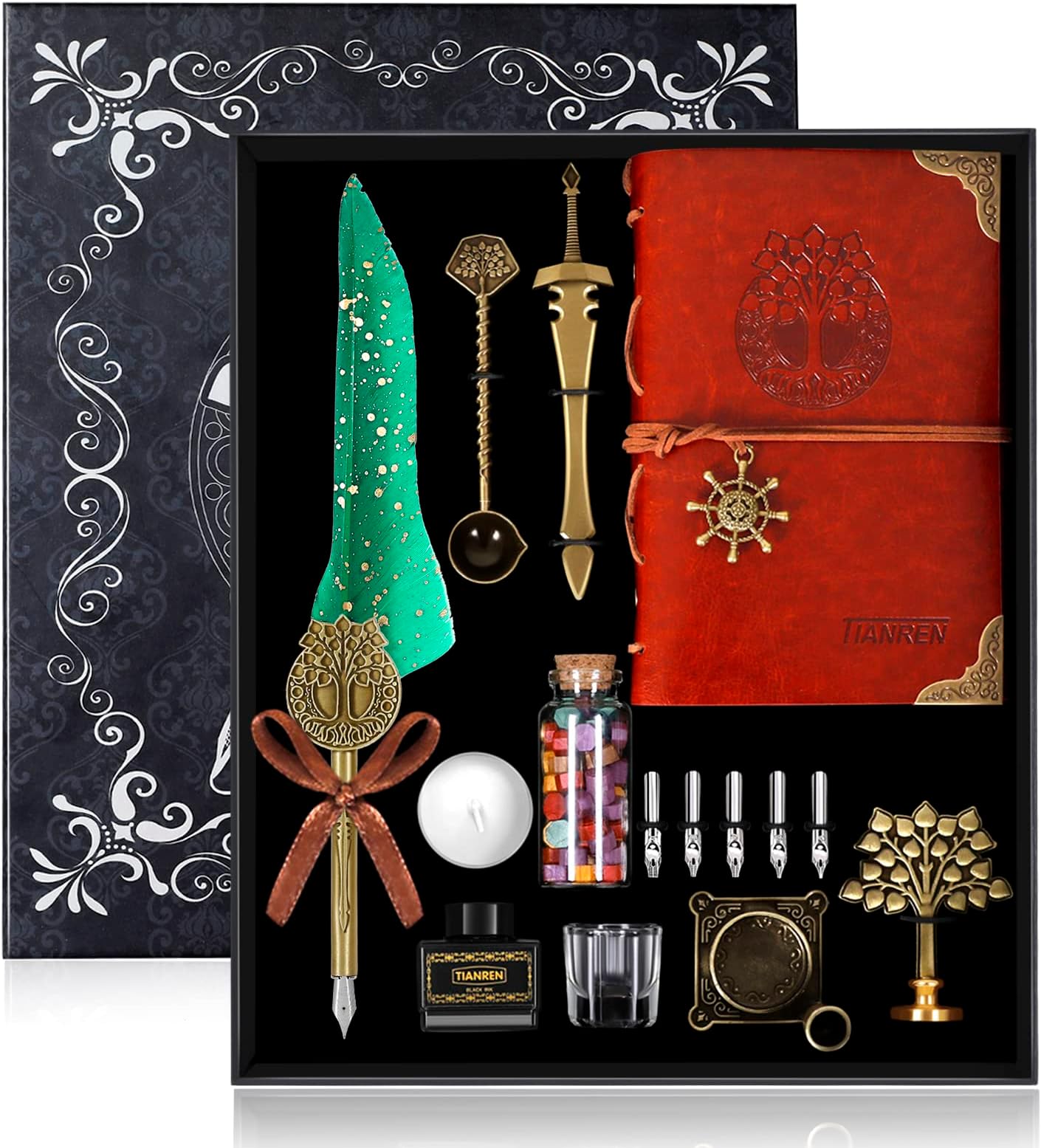 TIANREN Quill Pen and Ink Set,Feather Dip Pen,Antique Calligraphy Pen with 5 Replaceable Nibs,Wax Seal Stamp kit,Wax Beads & Leather Writing Notebook Christmas gift for Men&Women(Green)