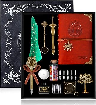 TIANREN Quill Pen and Ink Set,Feather Dip Pen,Antique Calligraphy Pen with 5 Replaceable Nibs,Wax Seal Stamp kit,Wax Beads & Leather Writing Notebook Christmas gift for Men&WomenGreen