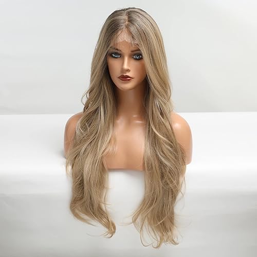 Miniatura 7 de HAIRCUBE Peluca rubia con encaje frontal para mujer, peluca rizada rubio platino con raíces marrones, peluca sintética resistente al calor natural