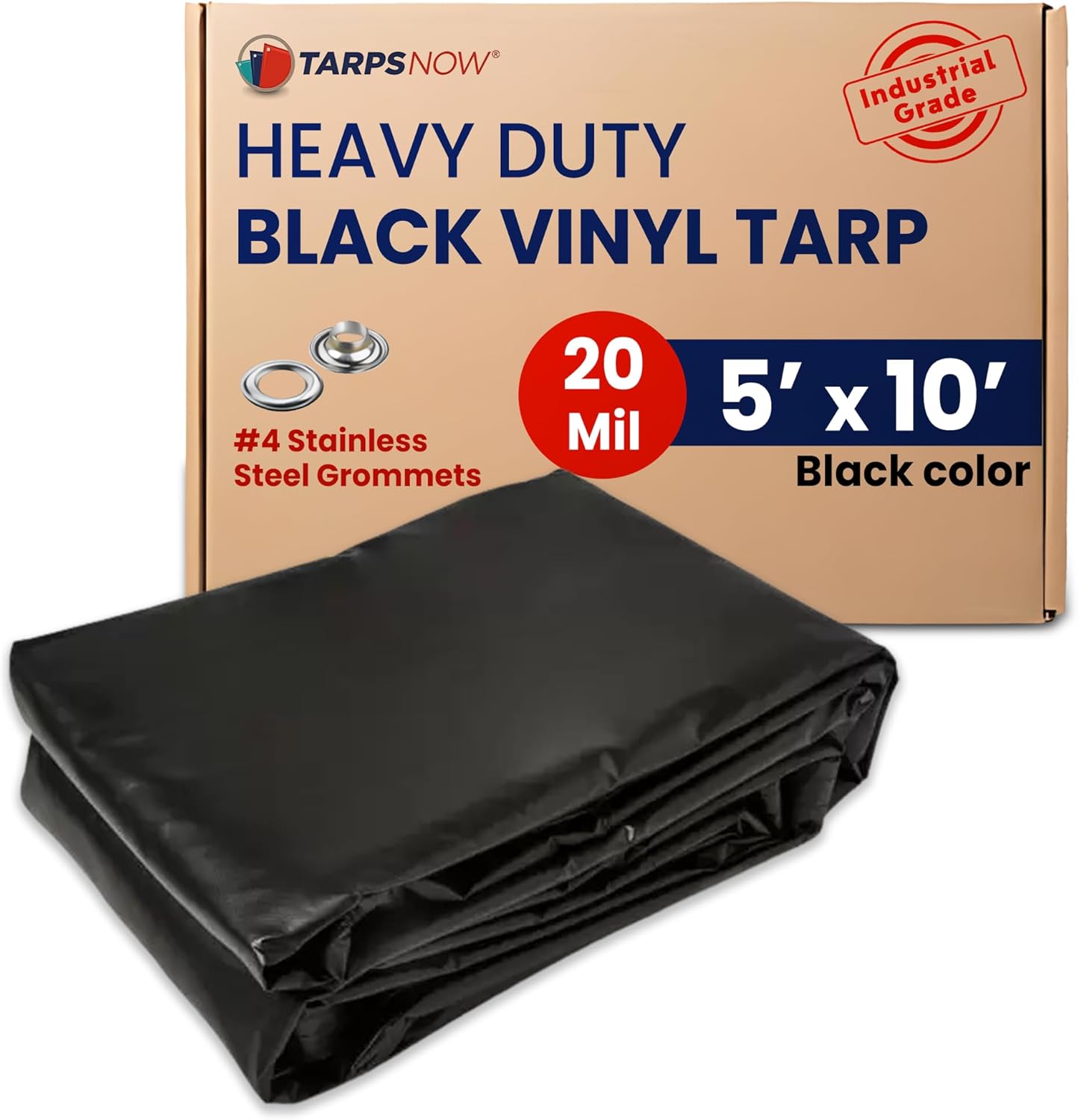 Tarps Now Heavy Duty Vinyl Tarp, (5' x 10') with Brass Grommets - Vinyl Tarps Heavy Duty Waterproof Tarpaulin for Canopy, Pool Cover, Truck Cover, Camping Roof, Indoor Outdoor - Black, 18 oz, 20 Mil