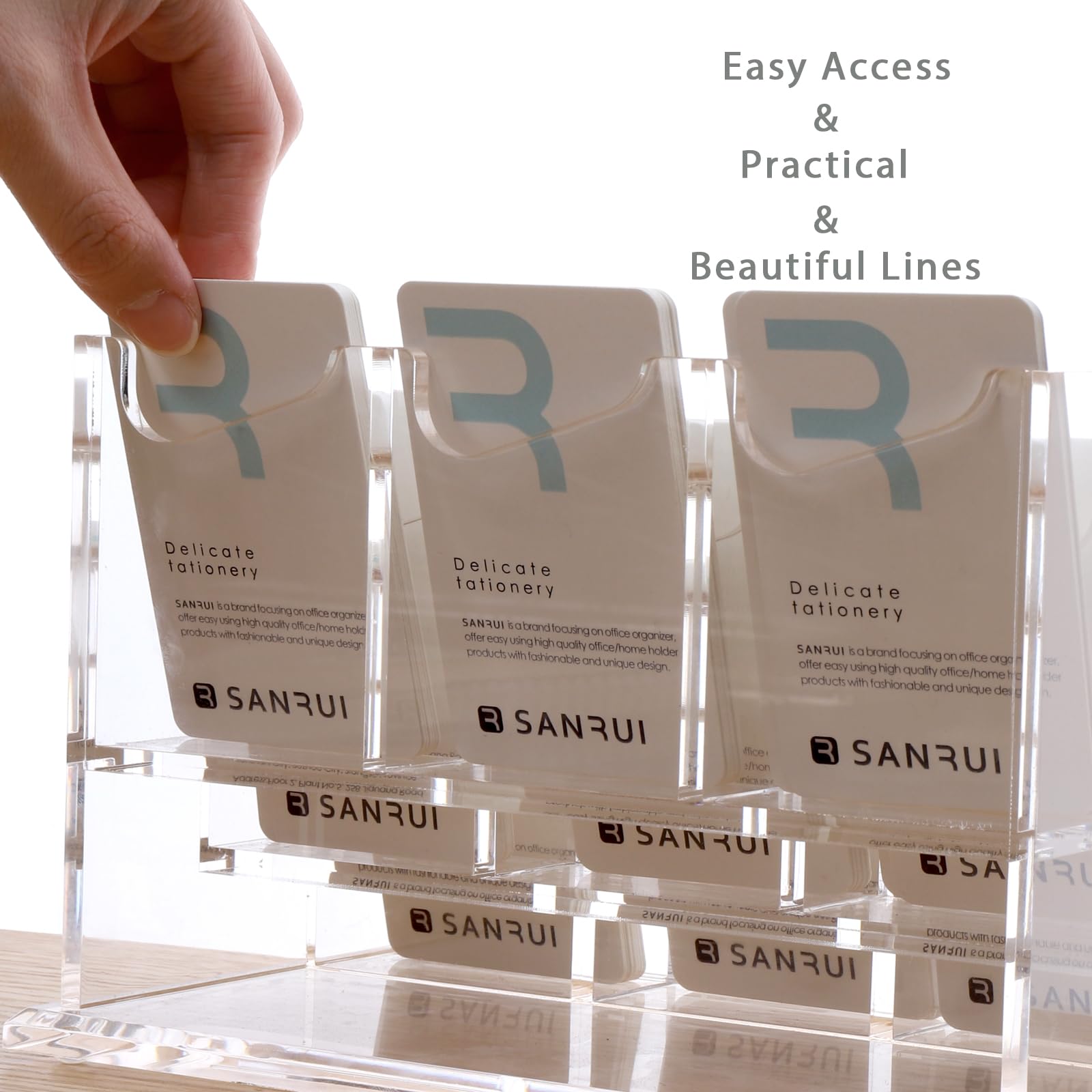 SANRUI Business Card Holder for Desk,Clear Acrylic Business Card Holder Display Business Card Organizer Storage for Office Desktop Countertop 3 Tiers 9 Slots - Image 4