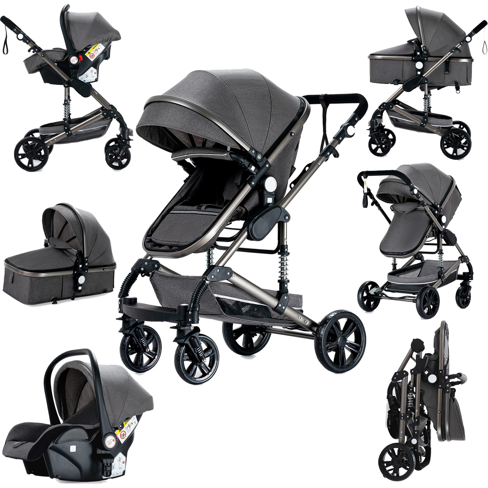 Prokoke Kinderwagen 3 in 1, Kinderwagen Set Einem Klick Faltbar, Kombikinderwagen 3 in 1 mit Umkehrbarem Zwei-Wege-Schub, Buggy Rahmen Aluminiumlegierung Baby Kleinkind Neugeborene (739 Grey)