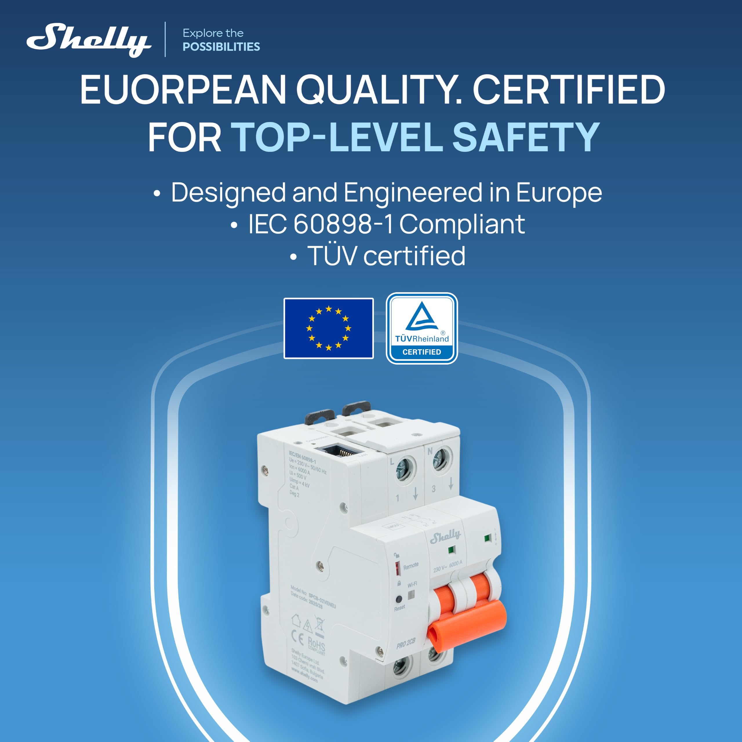 Shelly Pro 2CB C16 - WLAN & Ethernet Smarter Leitungsschutzschalter, 16A 2-polig Typ C, Ferngesteuertes Schalten, Überspannungs- & Unterspannungsschutz, Spannungsüberwachung, Hutschiene