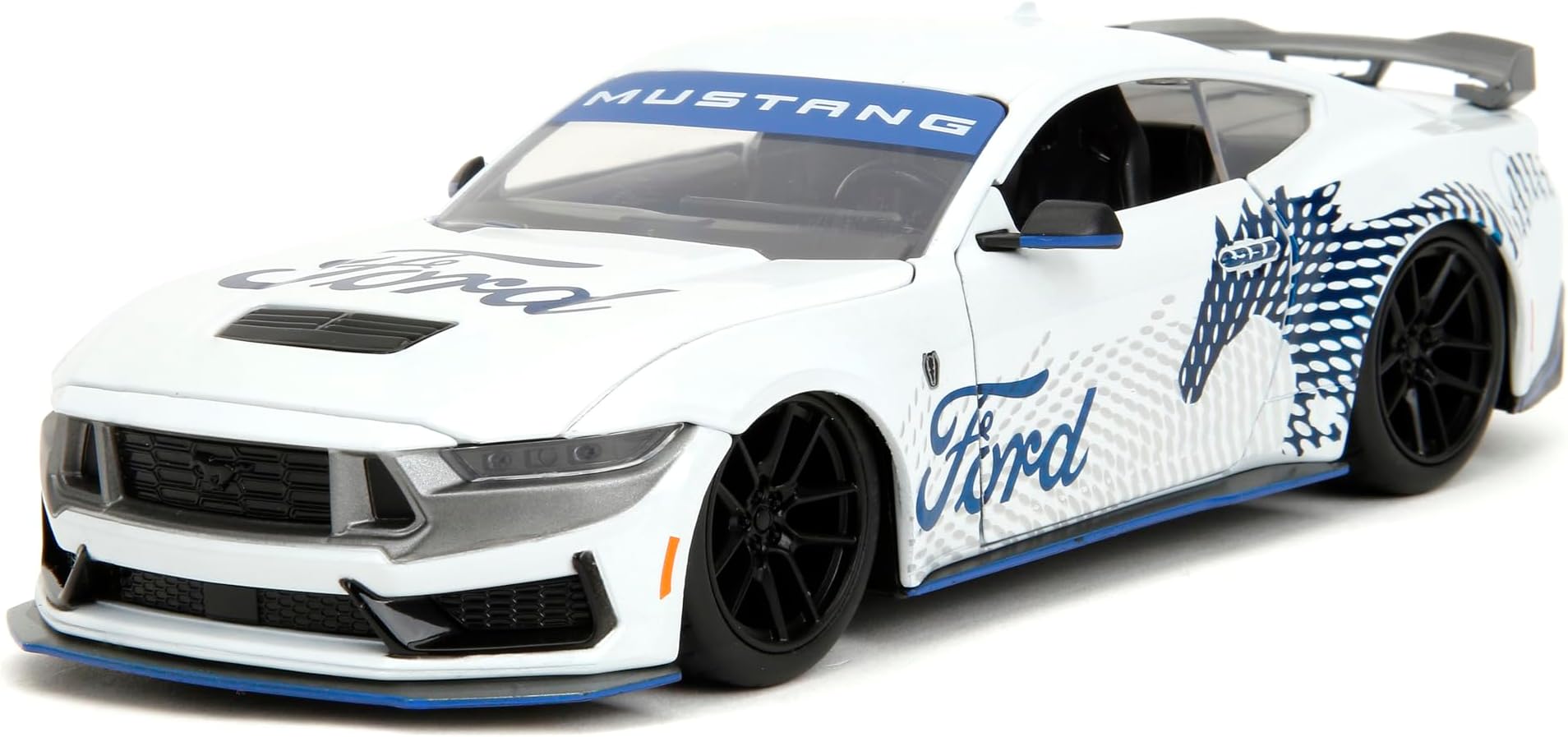 Big Time Muscle 1:24 2024 Ford Mustang GT Dark Horse Die-Cast Car, Toys for Kids and Adults(White with Blue Horse Deco)