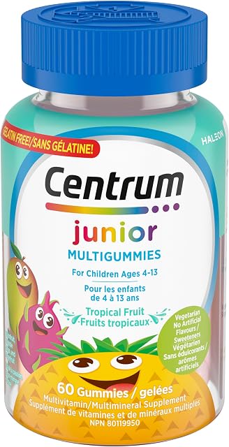 Centrum Junior MultiGummies Multivitamine de fruits tropicaux et supplément multiminérale, ananas-mango, dragon et arômes de pamplemousse, 60 Nombre