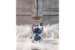Stitch Print Glass Cup | 16oz Beer Can Glass with Lid and Glass Straw