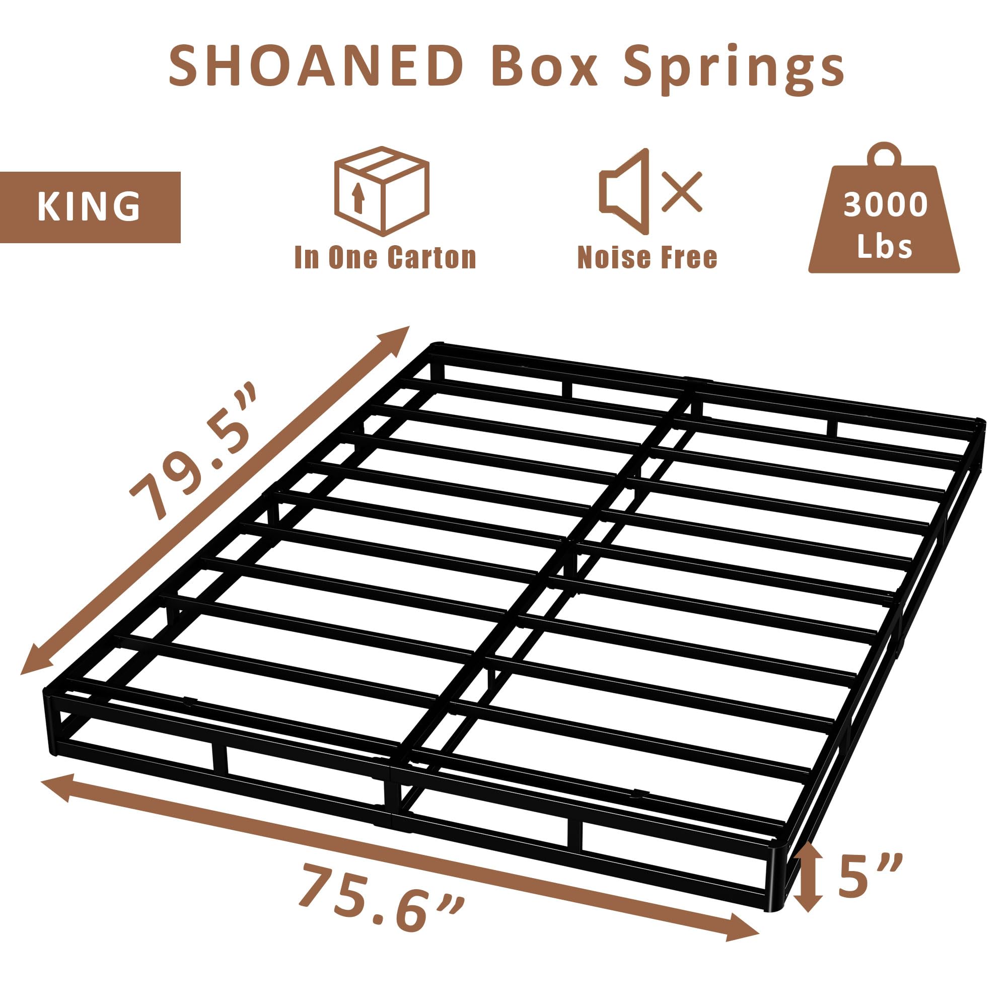 SHOANED Boxspringbett für King-Size-Betten, 12,7 cm, niedriges Profil, geräuscharm, strapazierfähig, Metall-Basics, Bettgestell mit sauberem Stoffbezug, einfache Montage