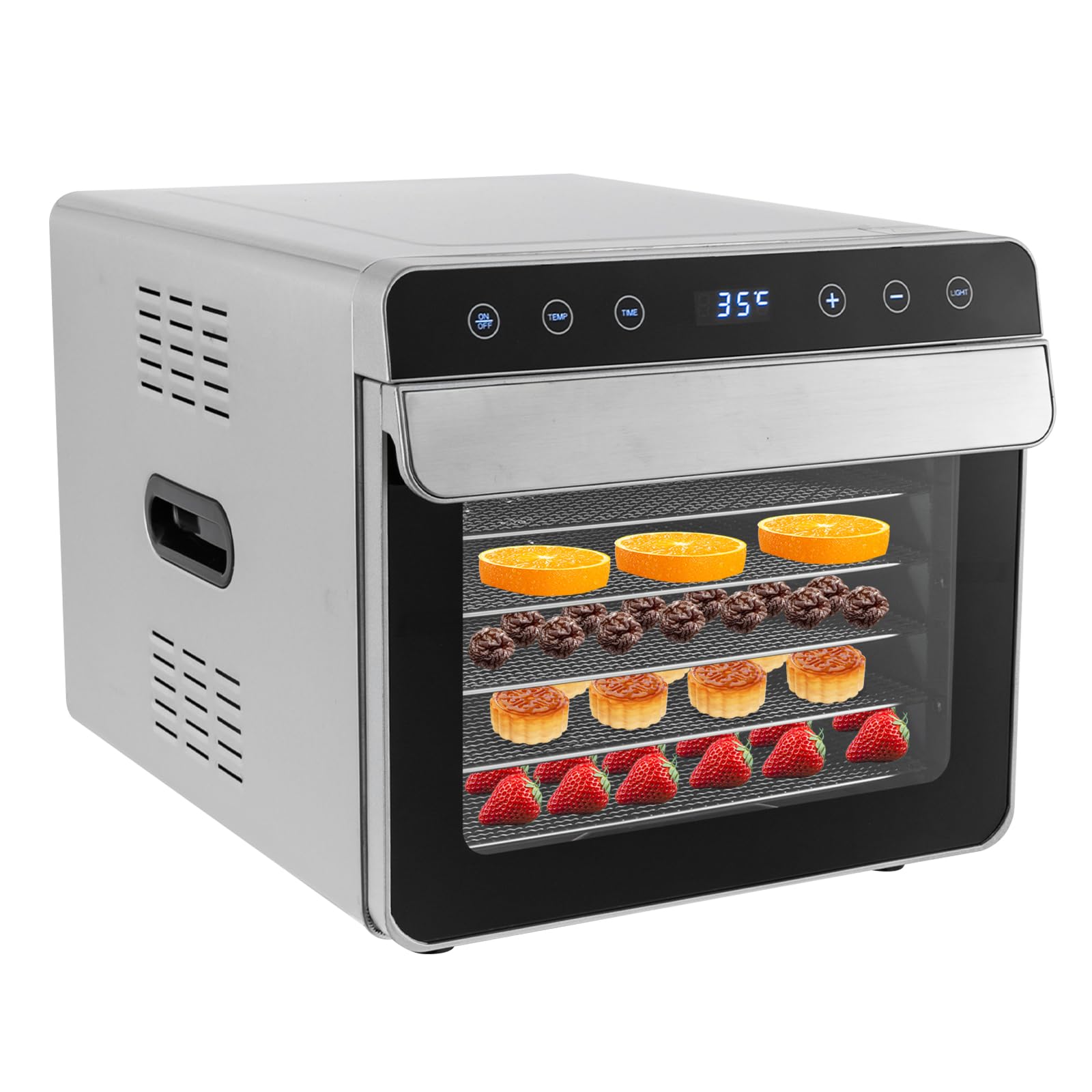 Suszarka ze stali nierdzewnej z timerem i 6 tacami LED, 700 W, 35-85°C, suszarka do owoców, do warzyw, mięsa, kwiatów