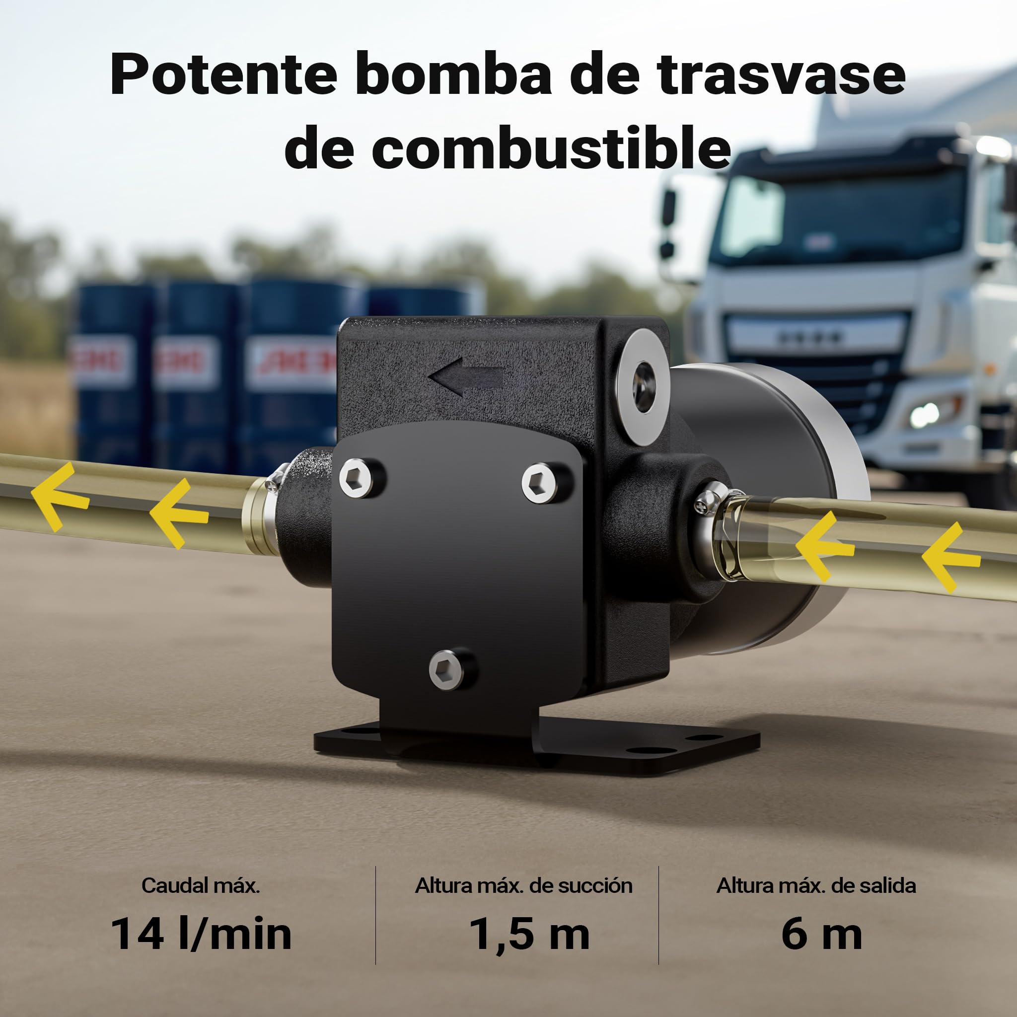 Wiltec Bomba de trasvase gasolina y diésel 12 V, 75 W caudal 14 l/min portátil cable con clips de batería altura máx. 6 m aspiración máx. 1,5 m autocebante ideal para trasvase desde barriles
