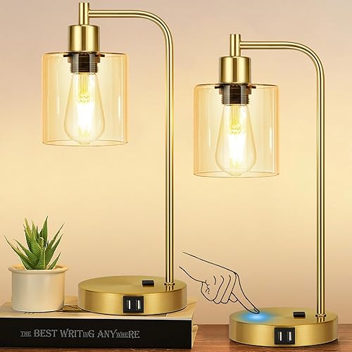 Miniatura 10 de Juego de 2 lámparas de mesa industriales con control táctil, lámparas de noche de níquel negro con 2 puertos USB y salida de CA, lámpara de