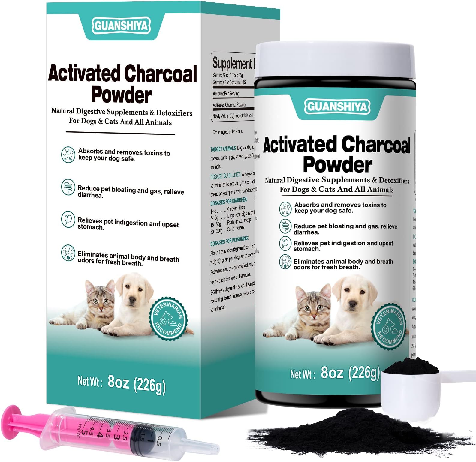 Activated Charcoal for Dogs, Cats, and All Pets, 8oz(Powder), Activated Charcoal Powder for Poisonings, Digestive Upset, and Diarrhea, Eliminates Odors, Non-GMO, Gluten Free