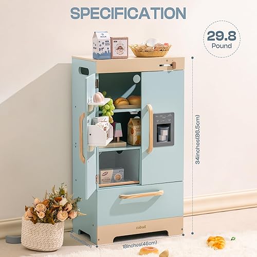 Miniatura 6 de ROBOTIME - Refrigerador de madera de juguete, para niños pequeños y grandes, con máquina de hielo y alimentos, juego de cocina de simulación para