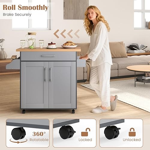 Miniatura 6 de Giantex Isla de cocina, carrito de cocina rodante con estante para especias y toallero, cajón grande y armario de almacenamiento de 2 puertas,