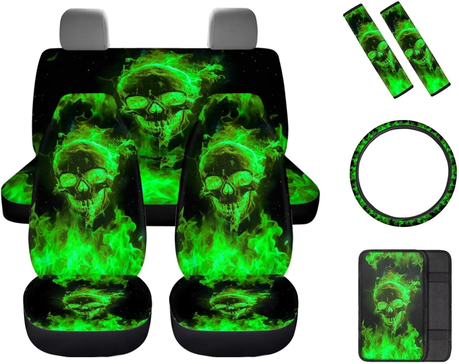 Green Flame Skull Car Interior Accessories Set of 8, Car Seat Covers with Auto Steering Wheel Cover, Center Console Pad, Seat Belt Covers, Automotive Decorations