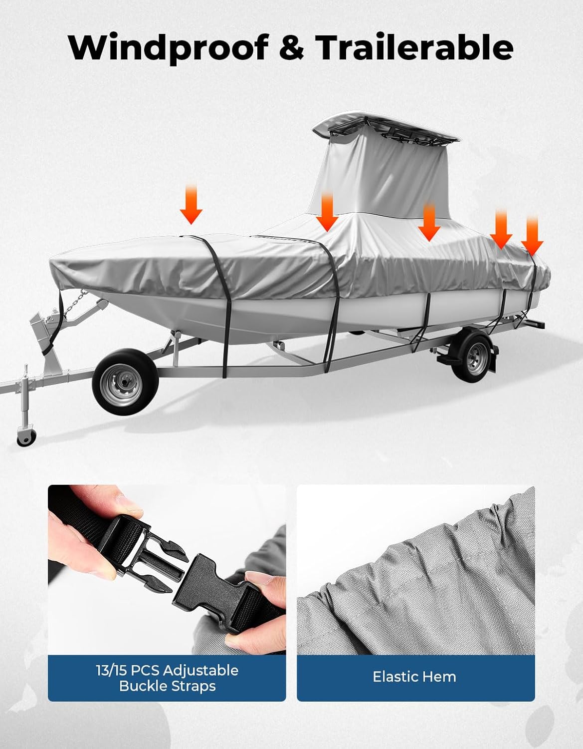 KEMIMOTO Heavy Duty Oxford T-Top Boat Cover with PU Coating, Waterproof & Tear-Resistant for Center Console Boats, Fits 26-28 ft Length, Beam Width up to 116"
