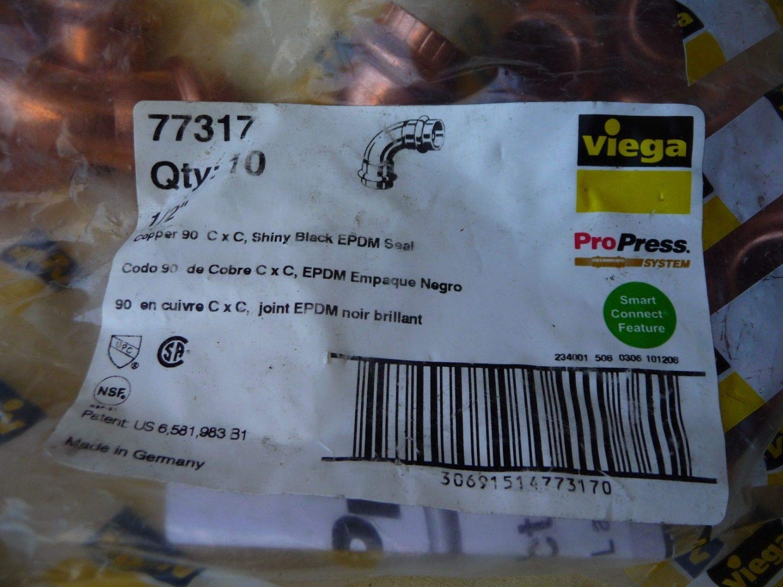 Viega 77317 – Gomito ProPress Rame Zero Piombo 90° 1/2 X 1/2 – Confezione Da 10