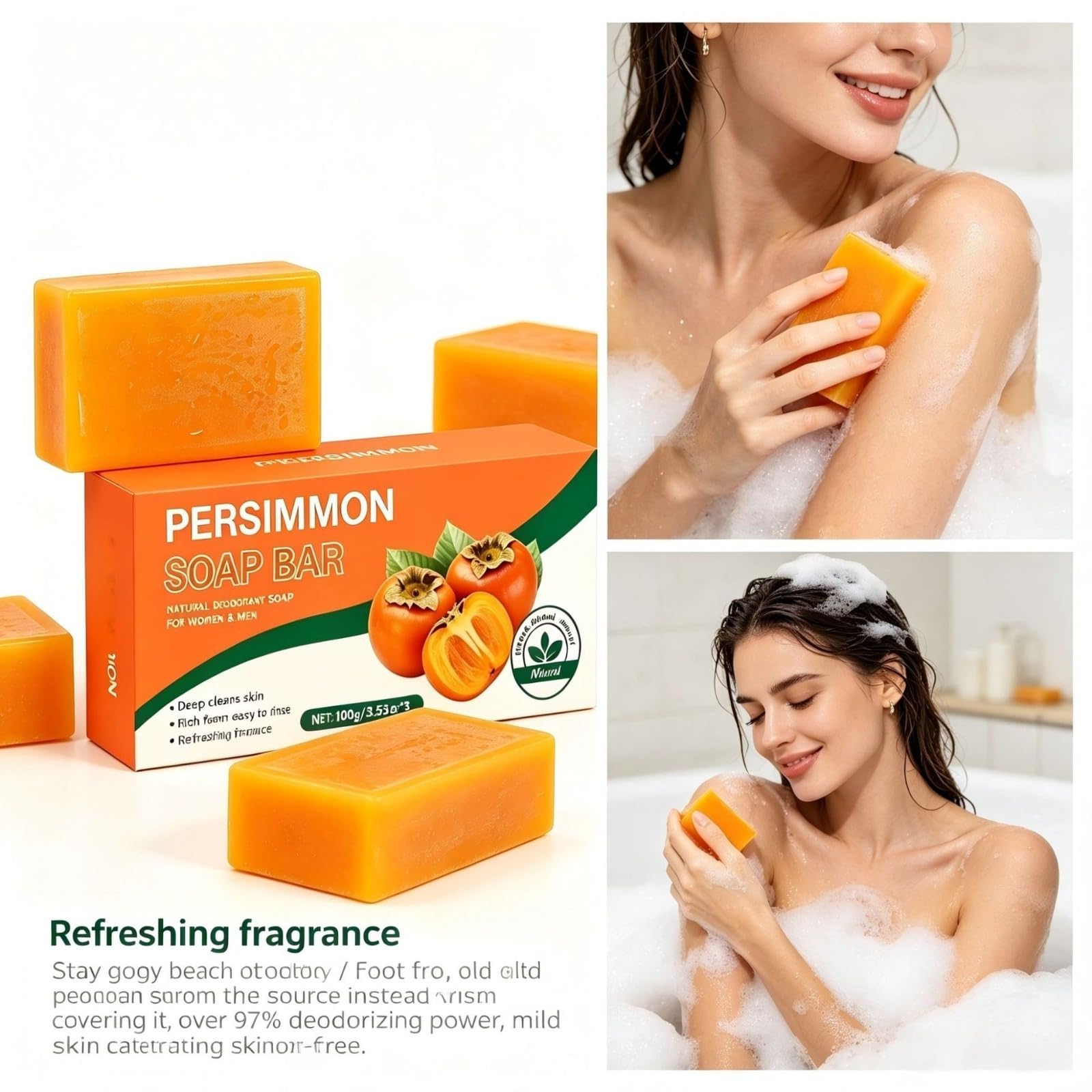 Persimmon Soap Bar, naturalny dezodorant do ciała mydło dla mężczyzn i kobiet, | naturalne mydło do delikatnego i intymnego oczyszczania całego ciała, złuszczająca kontrola zapachu ciała Deep Cleansing Ref