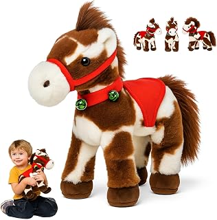 Spotted Electric Plush Horse, Interactive Soft Adorable Pony with Joyful Neighing Sound Cute Plushie Red Saddle Green Jingle Bell Walking Wagging Head Tail Stuffed Animal for Christmas Birthday Gifts