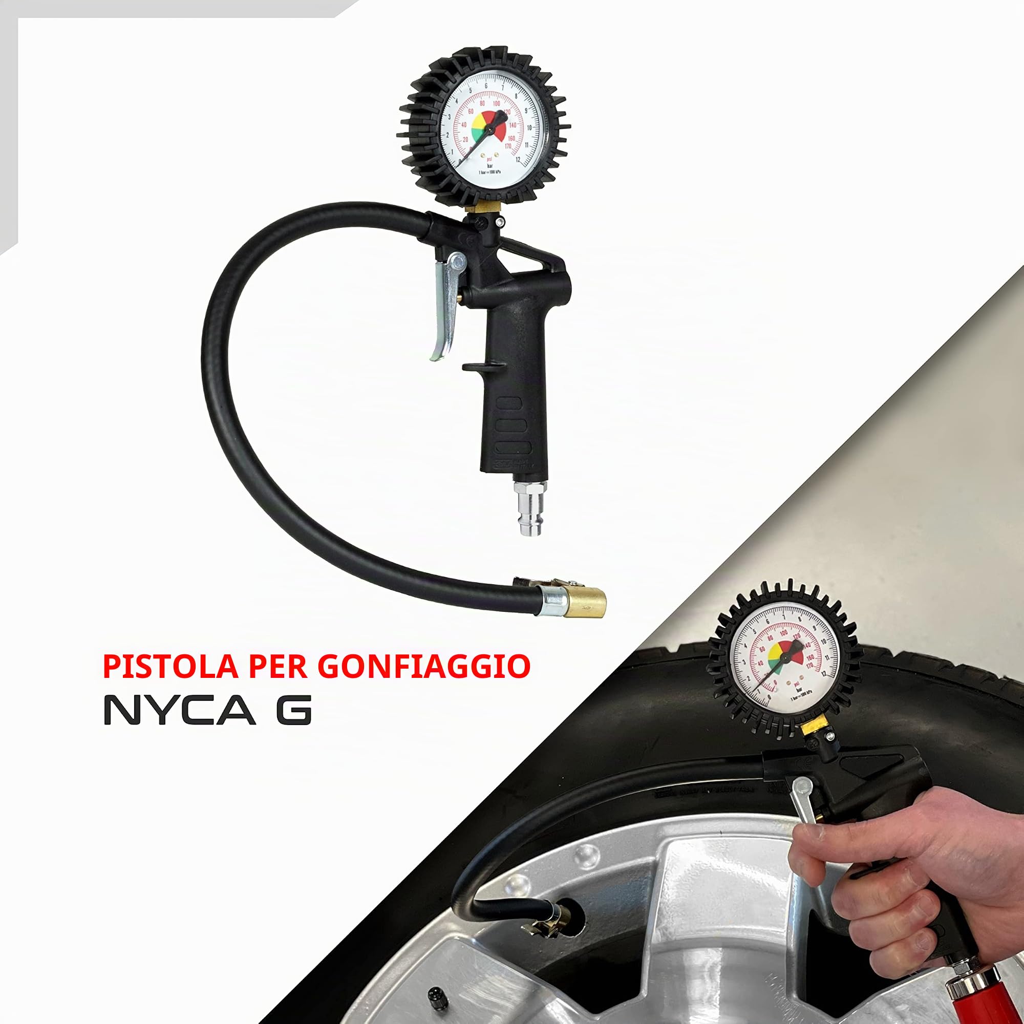 GAV Kit Accessori Aria Compressa NYCA con Pistola Soffiaggio, Manometro Pressione Gonfiaggio Gomme, Aerografo Verniciatura, Pistola Lavaggio e Tubo Spirale 4m