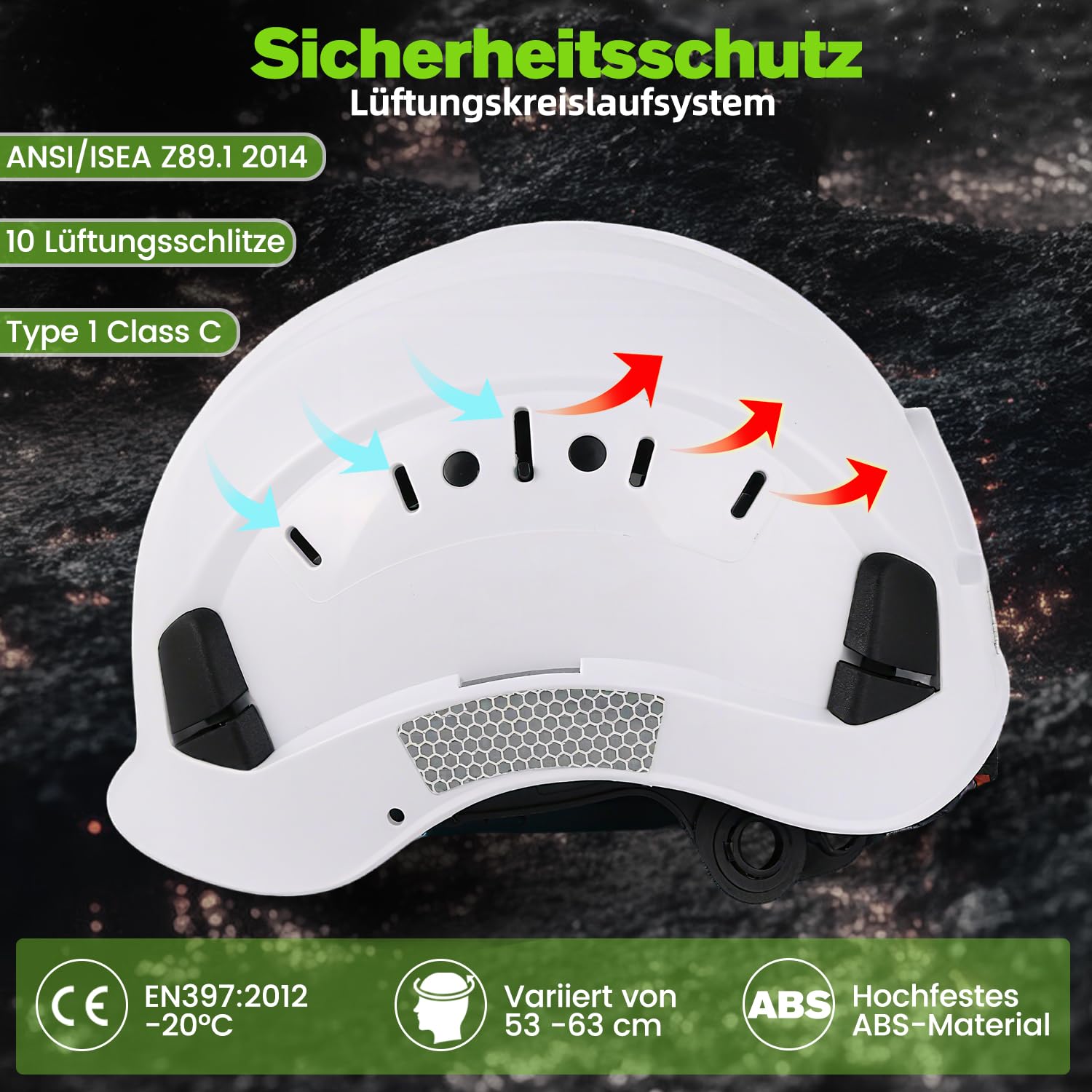 GREEN DEVIL Mervex Vent Set - EN397 zertifizierter Arbeitshelm für BAU & Industrie, 6-Punkt Aufhängung + Helmleuchte mit Bewegungssensor
