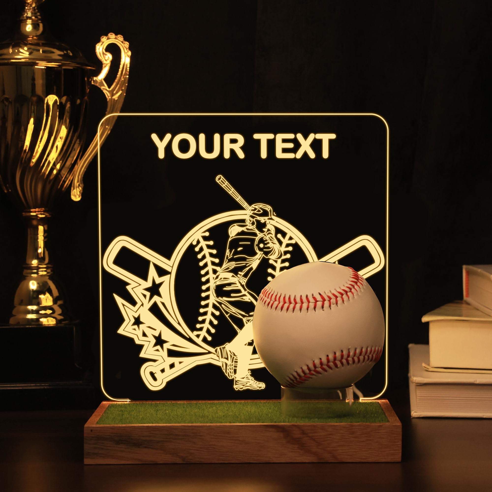Lampeez Customized Light Up Baseball Display Stand Desktop, Clear Acrylic Solid Wood Baseball Holder with USB powered for Memorabilia, Gifts for Baseball Players Enthusiasts