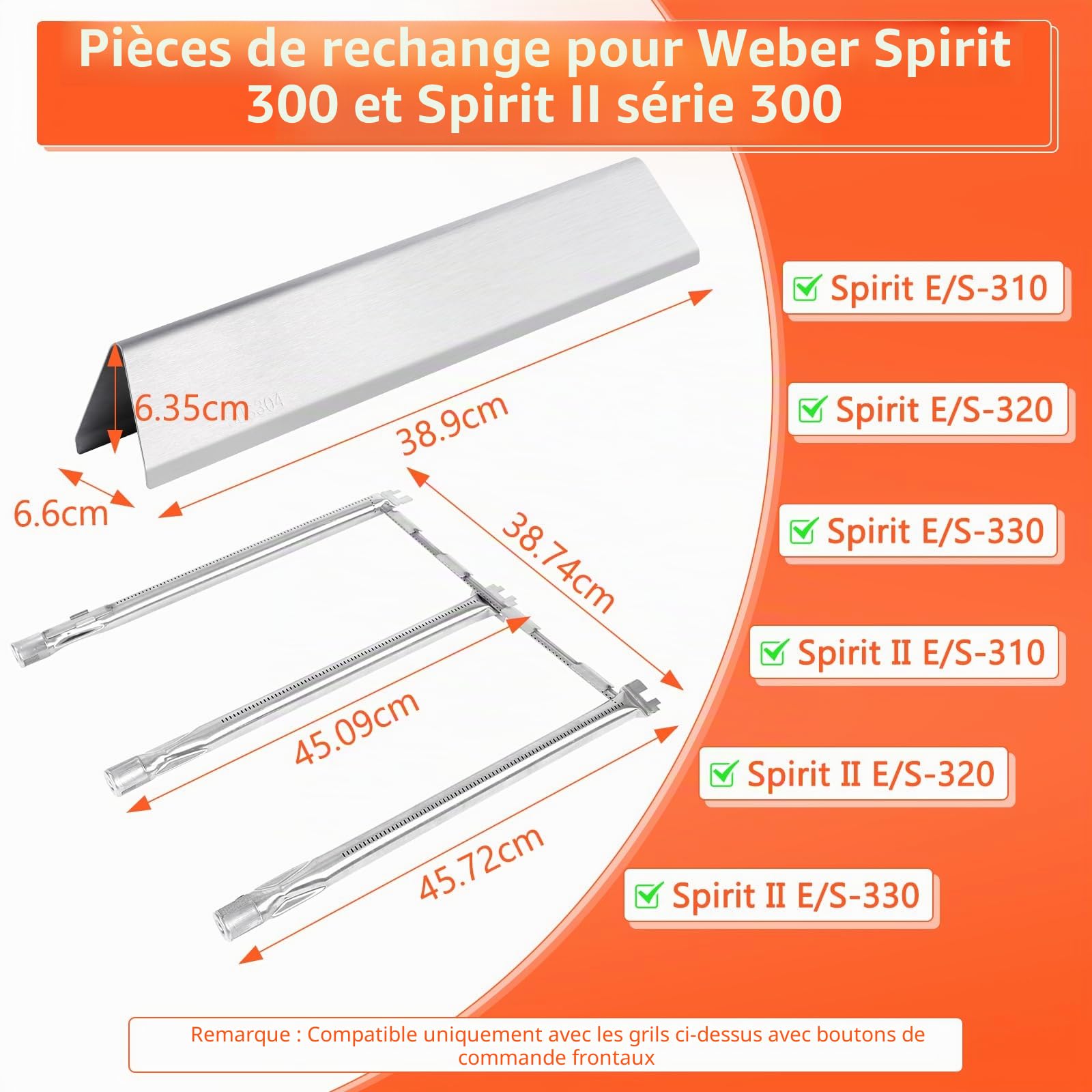 GFTIME 69787 Brûleur et barre de flavoriseur 7636 pour Weber Spirit I 300 Serie, Spirit E310 S310 E320 S320 E330 S330 (avec boutons de brûleur avant), 310 Classic, Spirit LX 310, pièces de rechange en