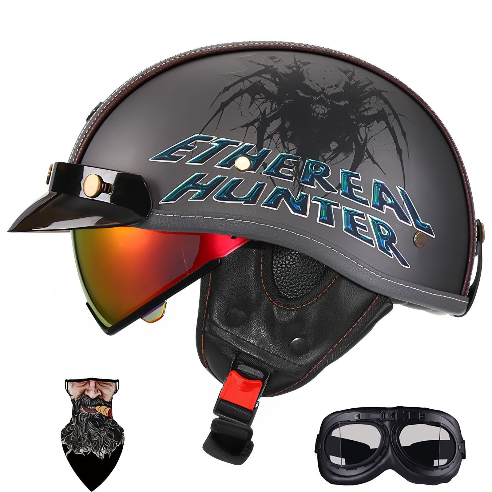 HALYING German Helmet ABS Half Open Face Motorcycle Helmet Adult Men Women Motorbike Helmets Drop Visor Quick Buckle EPS DOT Approved Half Shell Men Women Motor Bike Helmet Men (55-62cm)