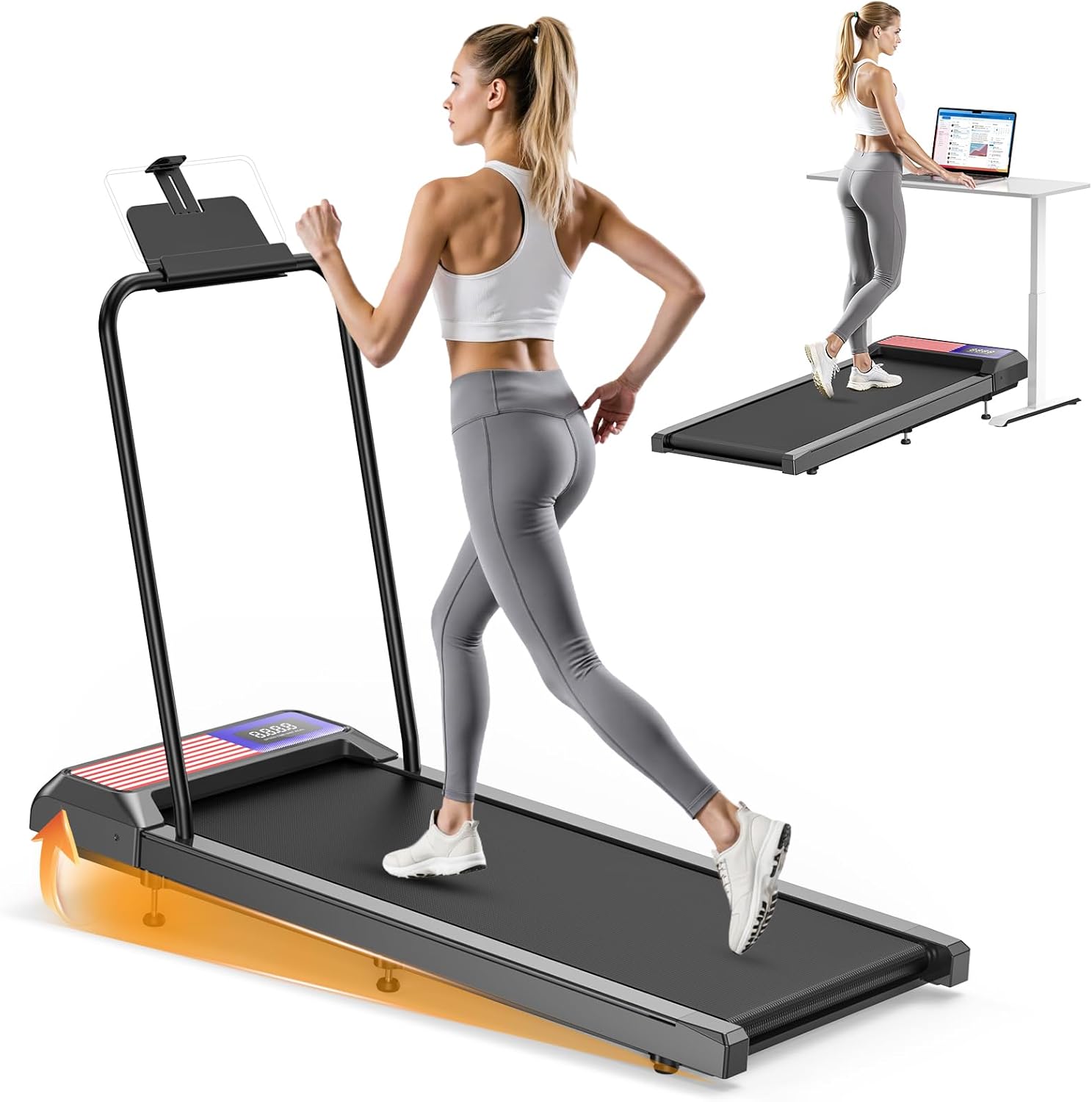 Walking Treadmill Pad Small with 8% Adjustable Incline and Removable Handle Bar, Compact Under Desk Treadmills for Home Small with APP Sync, Remote Control and LED Display, 2.5HP Red