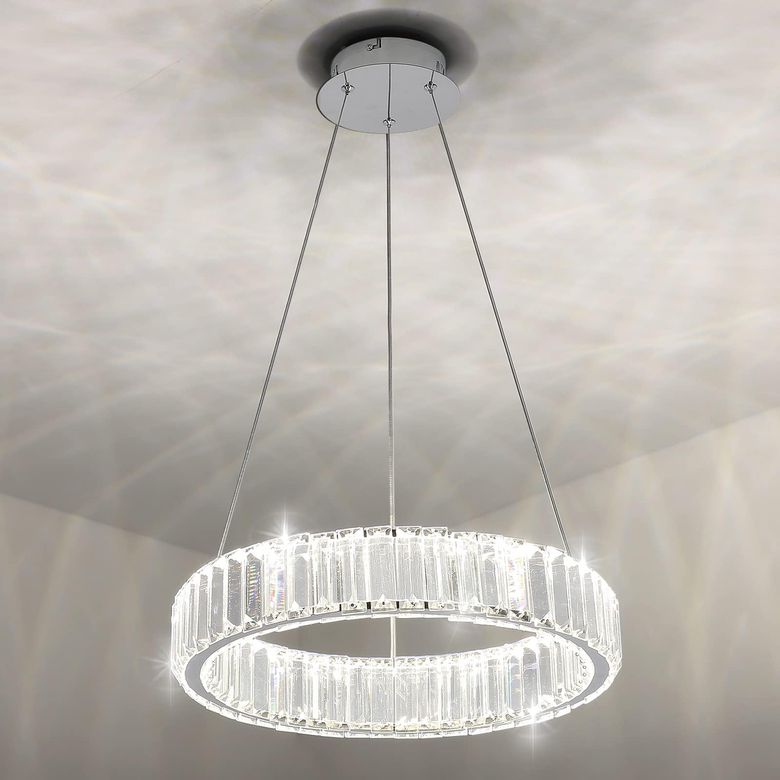 7Degobii Modern Crystal Glass Round Chandelier Fixtures LED Hanging Lamps 1 Ring D15.7" 25W 1500lm 4000K Dimmable Dining Room Ceiling Light for Living Room Bedroom Natural Light 4000K