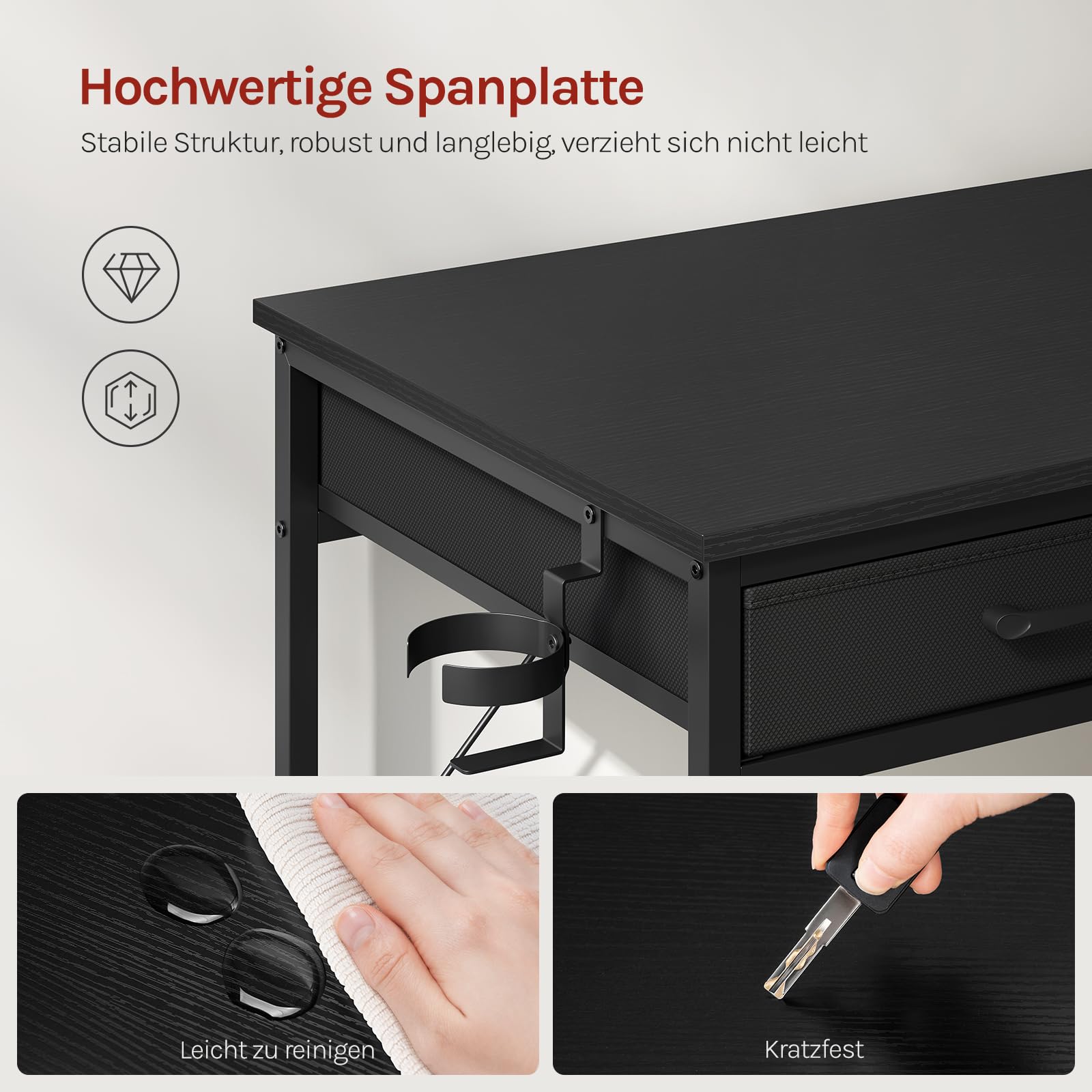 WOLTU Schreibtisch mit 2 Schubladen, Computertisch Schwarz, 120x51x75 cm | 2 Steckdosen, USB- und Typ-C-Anschluss, Kopfhörerhaken & Ablagen, für Homeoffice Schlafzimmer Wohnzimmer