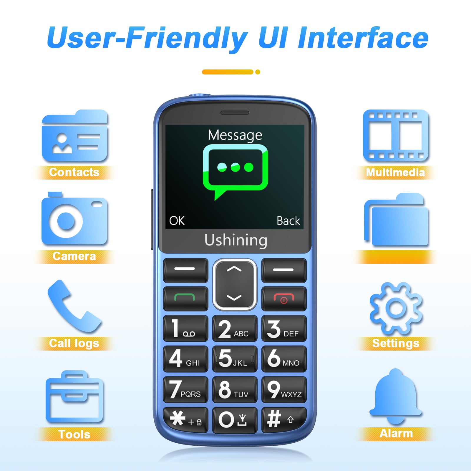 Ukuu Telefono Cellulare per Anziani con SOS - Tasti Grandi, Volume Alto, Schermo 2.3'', Ricarica USB-C, Batteria 1000mAh, Facile da Usare (Blu)