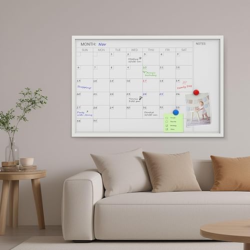 Miniatura 6 de Comix Calendario de borrado en seco para pared, calendario magnético con marco de madera blanca, 36 x 24 pulgadas, tablero decorativo mensual para