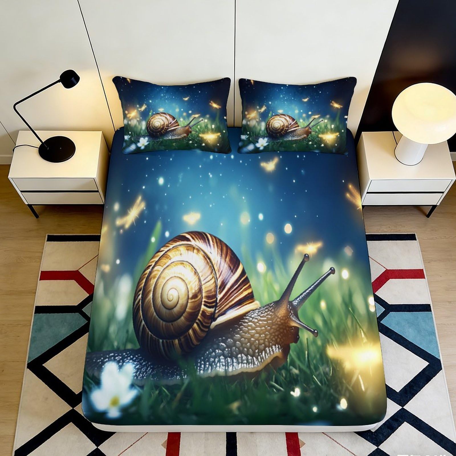 3D Printed Snail Fitted Sheet Microfiber Deep Pocket Bedroom Bedding Snail Mattress Fitted Cover Non-Slip Full Wrap Washable 140x200x25cm