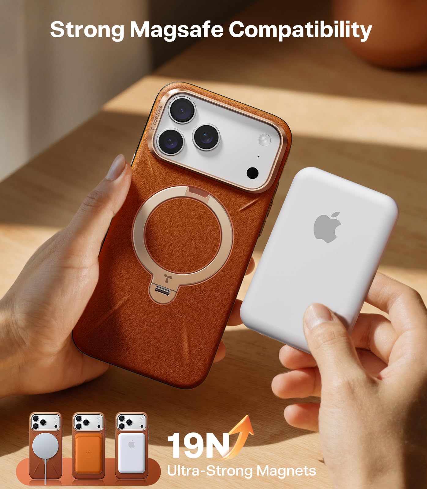 TORRAS Ostand Q3 VegSkin Cover per iPhone 17 Pro, Custodia Ostand Q3 VegSkin in Pelle di Silicone Sostenibile, Supporto Magnetico Invisibile a 360°, Pelle di Alta Qualità, Ultra Sottile, Marrone