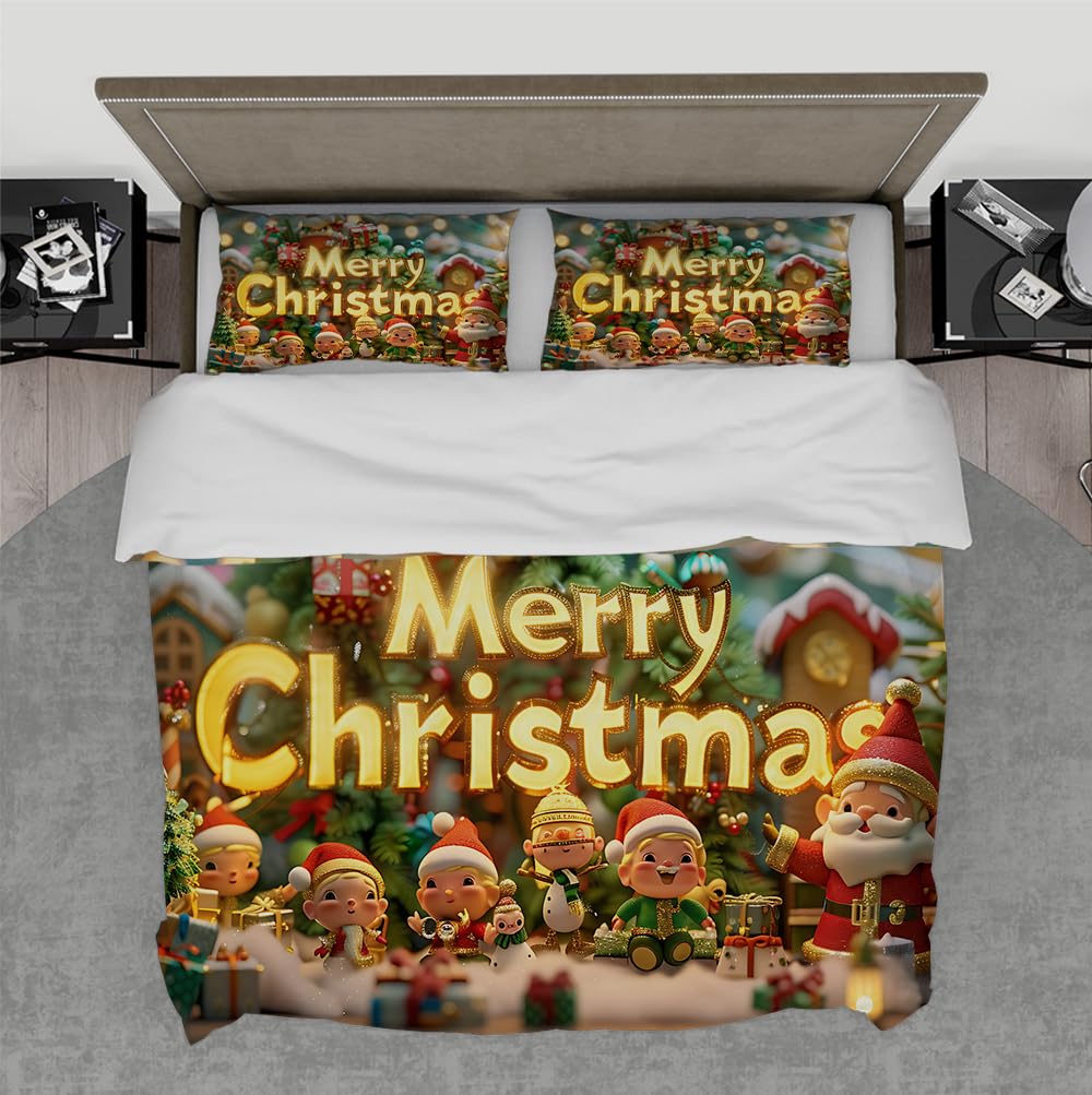 Juego Funda edredón Merry Christmas Santa Claus Dibujos Animados Juego Ropa Cama Decoración habitación niño niña Funda Colcha Ligera y Transpirable con 2 Fundas Almohada 160x200cm