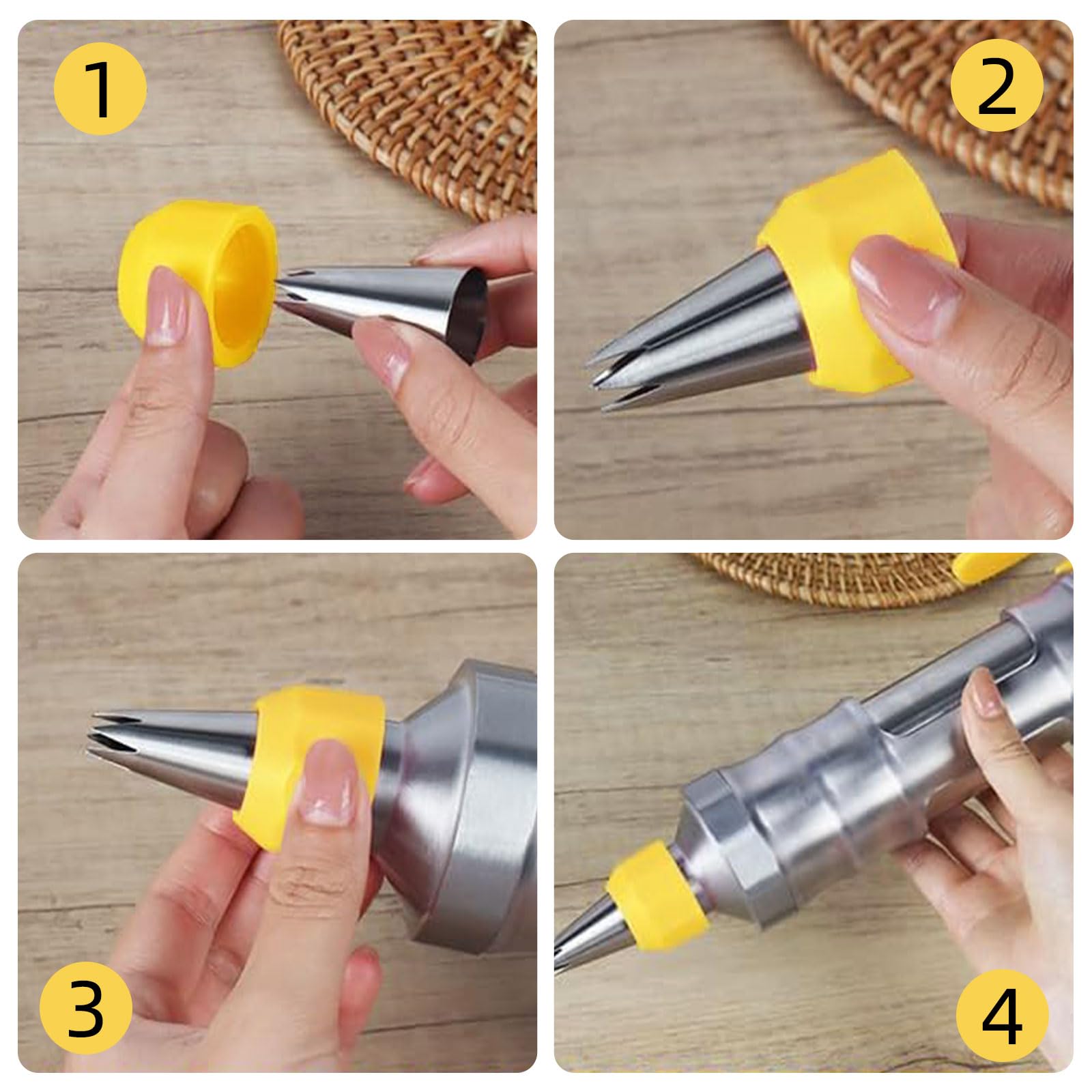 Seringue à gâteau, seringue à crème, en acier inoxydable, avec 6 douilles, poche à douille réutilisable, pour cupcakes, gâteaux, biscuits, beignets, pâtisseries (jaune)