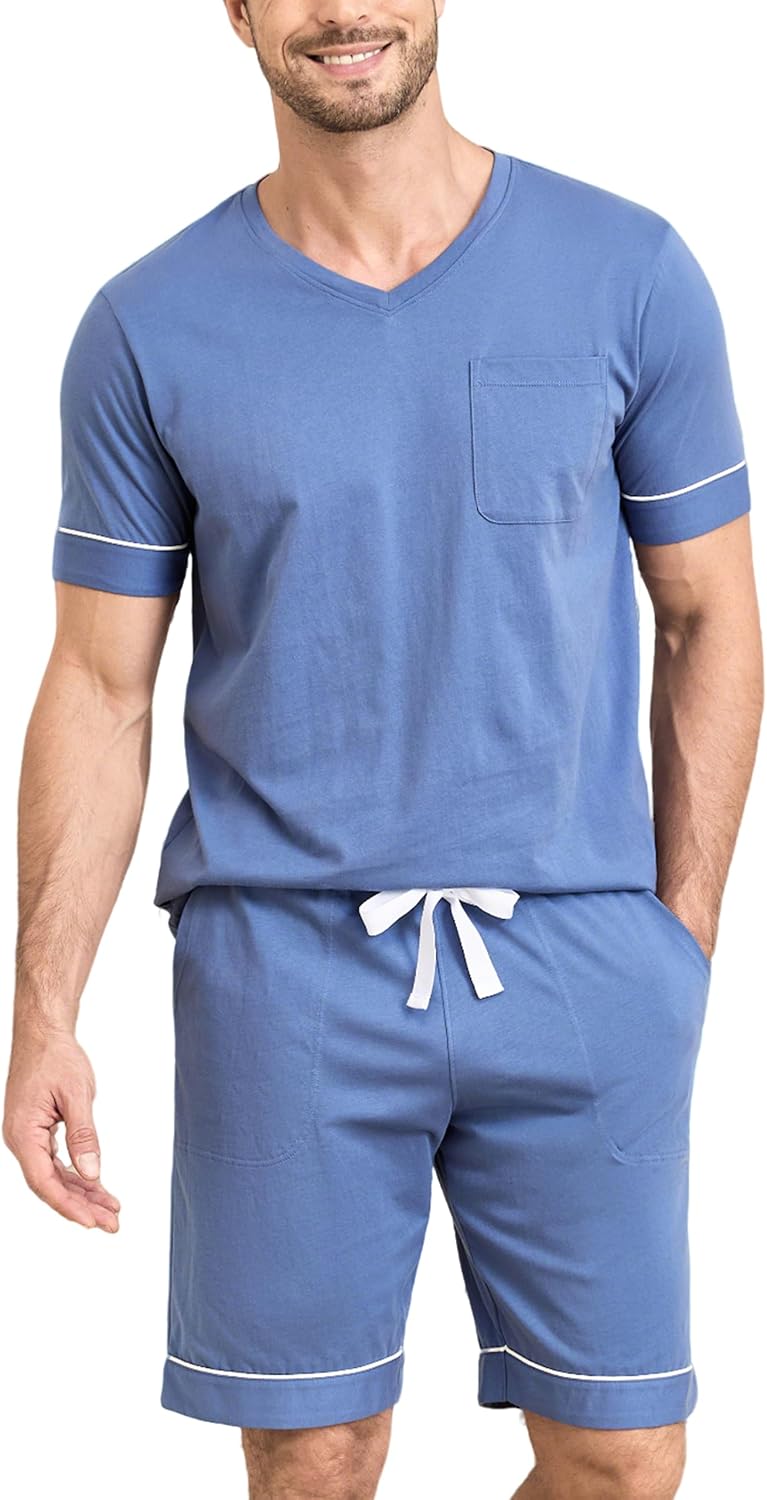 EA'S SECRET 100% Cotton Mens Pajamas Set Men's Sleepwear Short Sleeve Shirts Soft Lightweight V-Neck Pjs Set Loungewear Knit