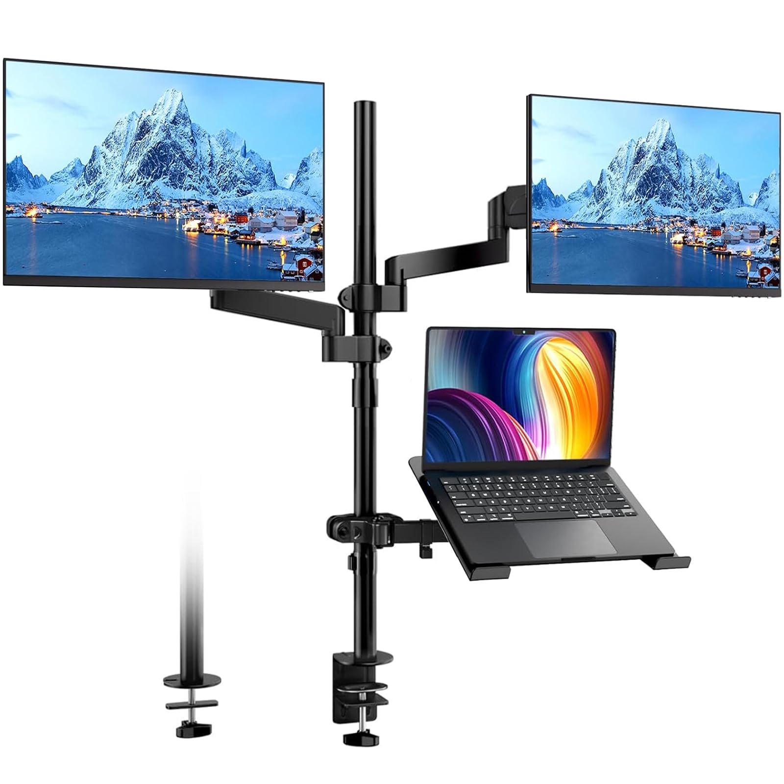 PUTORSEN Double Bras de Ecran PC avec Plateau, Entièrement Réglable pour Ecran LED LCD de 17 à 32 Pouces et Ordinateur Portable jusqu'à 17”, Inclinaible Pivotant et Rotable, 2 Options de Montage