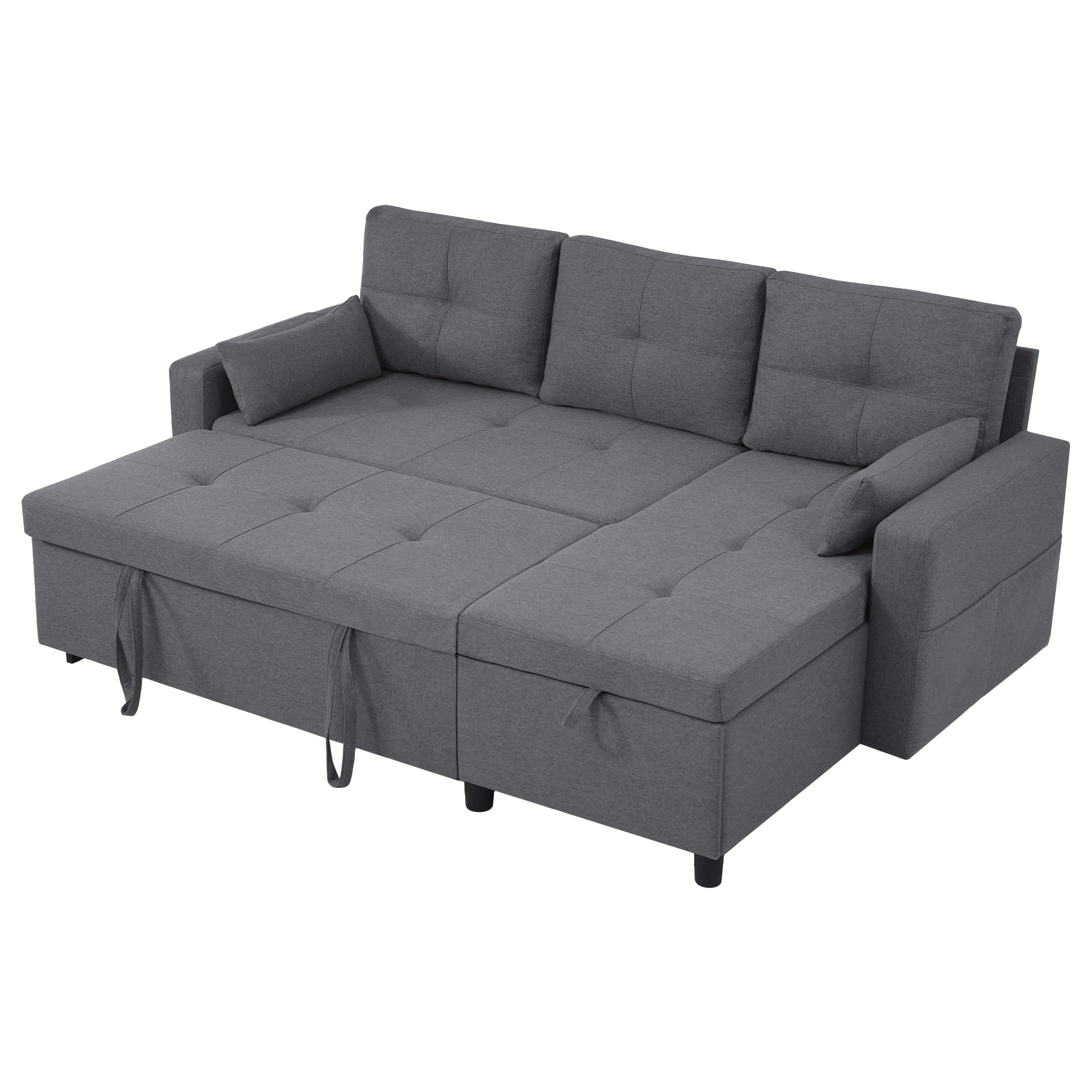 Divano Letto Estraibile con funzione letto, Divano Letto Modulare con Spazio Contenitore e Portabicchieri, Chaise Longue, Mobili imbottiti divano Angolare 3 Posti Forma di L,Grigio