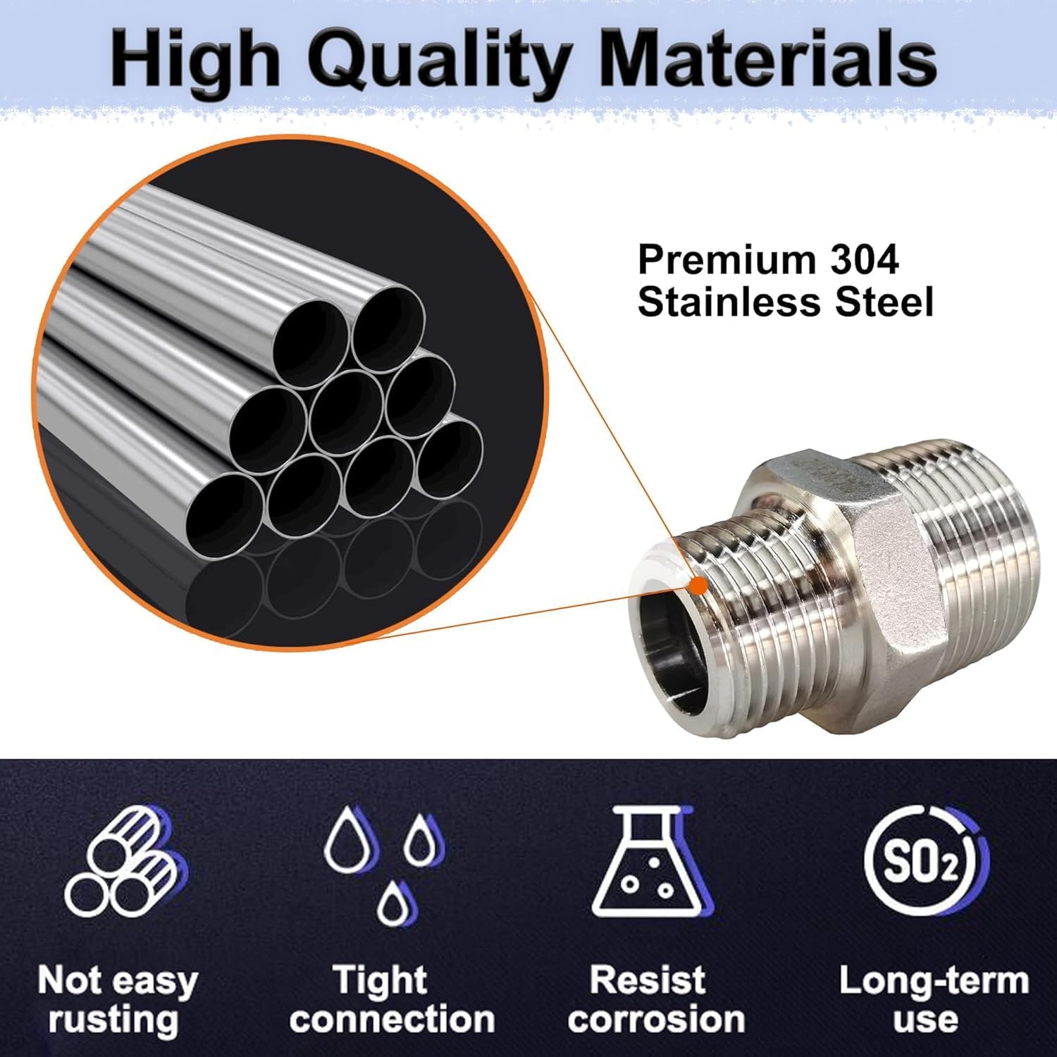 1/2" x 3/8" Reducing Hex Nipple, 304 Stainless Steel NPT Male Pipe Fitting Reducer Nipple Adapter 2000psi Reducer Connector Suit for 0.71" and 0.57" Pipe ID (1/2"x 3/8"MNPT)
