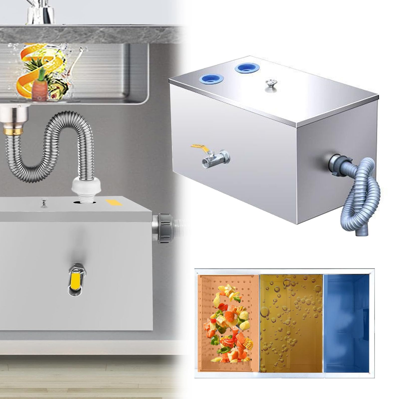 Interceptor De Grasa De Acero Inoxidable, Filtración De 4 Capas, Separador De Aceite Y Agua Con Entrada Superior, Para Aguas Residuales De Cocinas De Restaurantes, Comedores Y Fábricas , 50*30*30cm