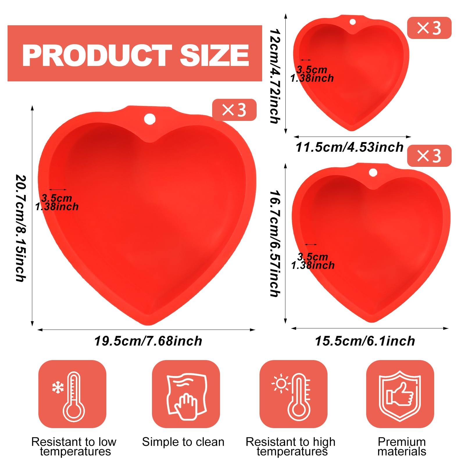 9 stampi per torta a forma di cuore per San Valentino, stampi per torta a forma di cuore rosso, 20,3 cm, 15,2 cm, 10,2 cm, in silicone, antiaderente, riutilizzabile, per torte fatte in casa,