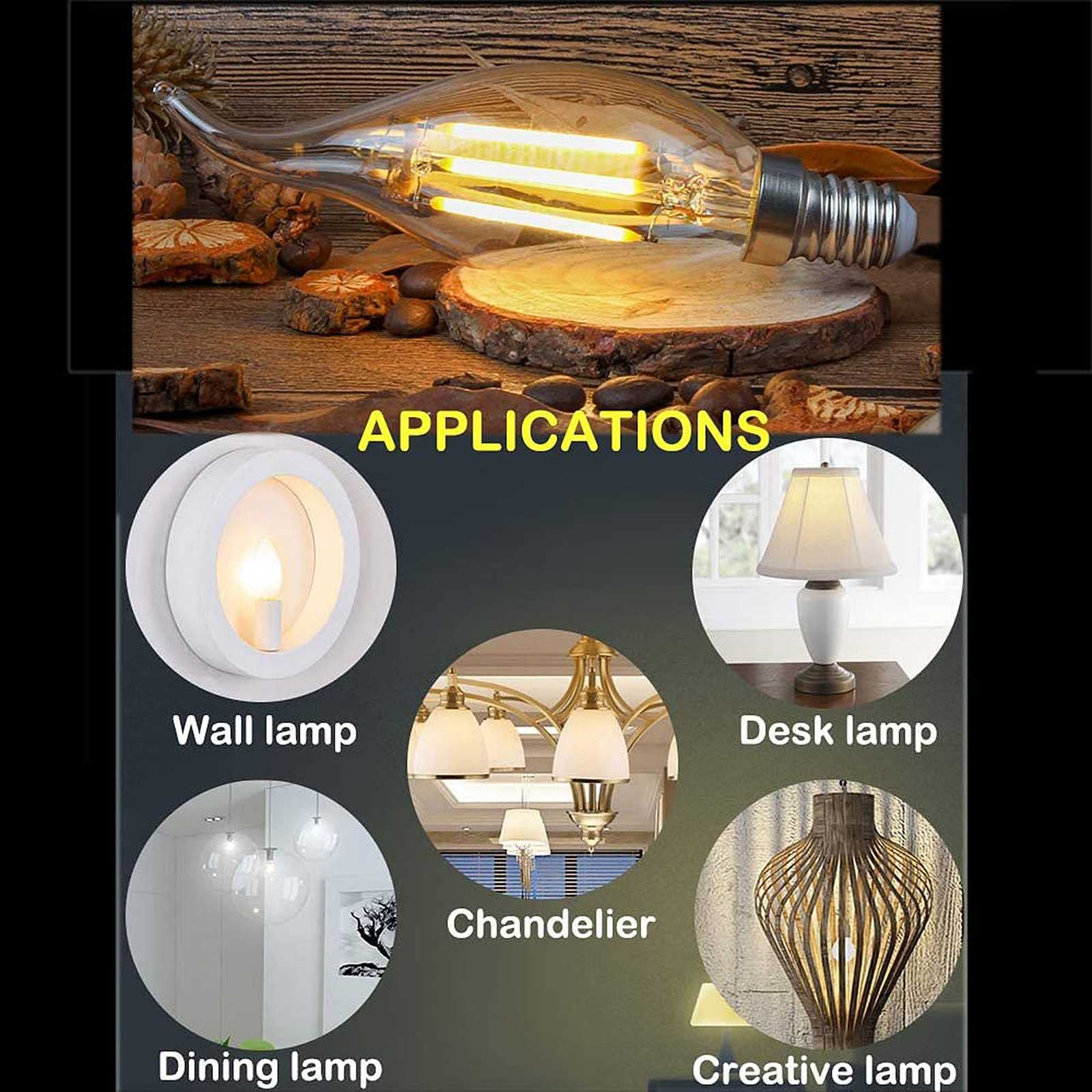 E12 Bombilla LED para candelabro 6 W regulable, equivalente a 60 W bombillas LED 2700 K blanco cálido 600 lúmenes punta de llama bombilla de araña de filamento LED base de candelabro E12 paquete de 10
