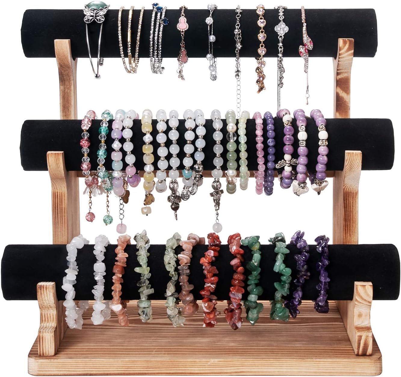Velvet Bracelet Holder, 3 Tier Bracelet Organizer Display Holder for Women, Wooden Watch Holder Stand for Vendor Home, Bangles Display Stand for Scrunchies Bangles Storage Showcase, Black - Image 8
