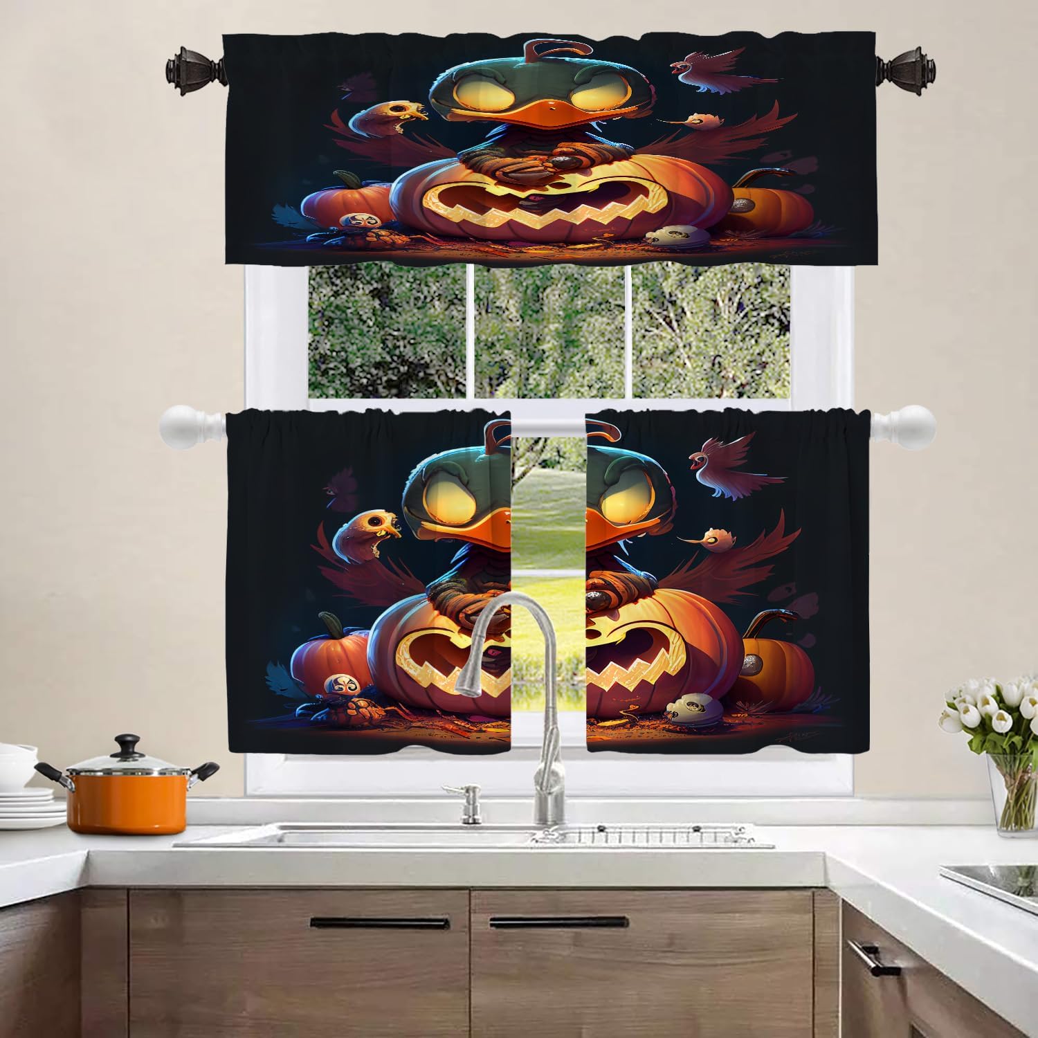 Shrahala Happy Thanksgiving Day Kitchen Valances, Pumpkin Turkey Funny Cute Half Window Curtain Window Treatment Multilayer Polyester Blackout for Living Room Bathroom 2 Pack 52 x 18 in
