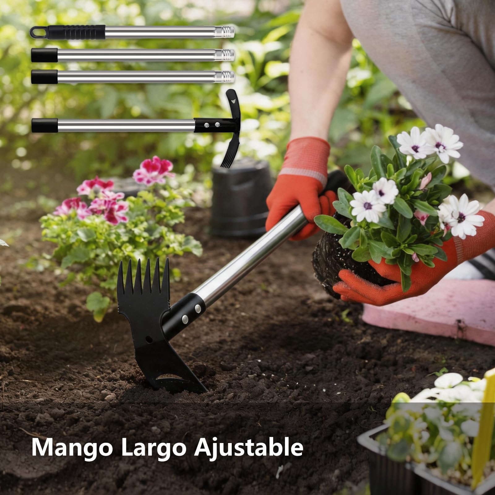 Mitclear Extractor de Malezas con Mango Largo(148cm), Herramienta de Jardín 2 en 1 con Rastrillo y Azada, Desmalezador Manual, Eliminador de Malas Hierbas